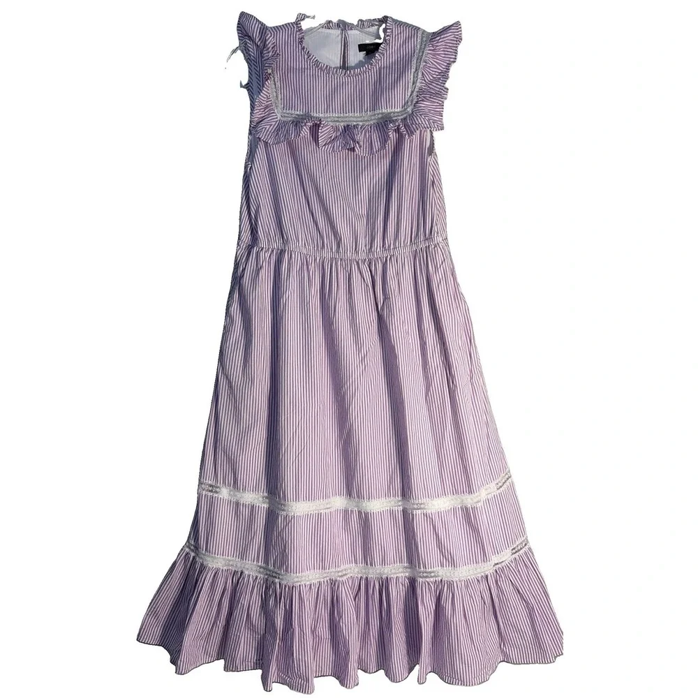 J. Crew Tiered Ruffle Dress Stripe Purple White  Lined Midi Women's Large